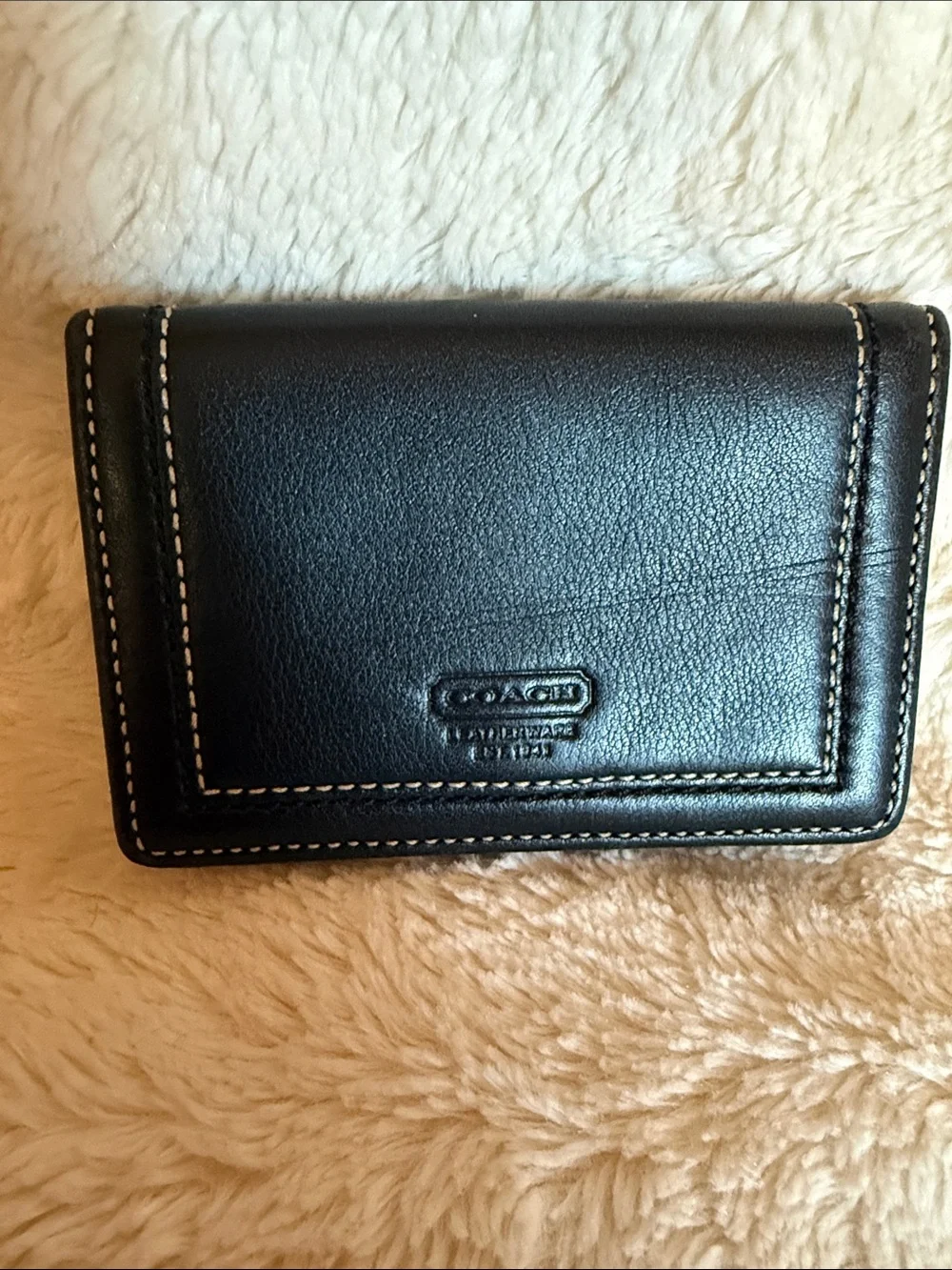 Coach Black Leather Business Card Wallet ID Window Contrast Stitch Pocket